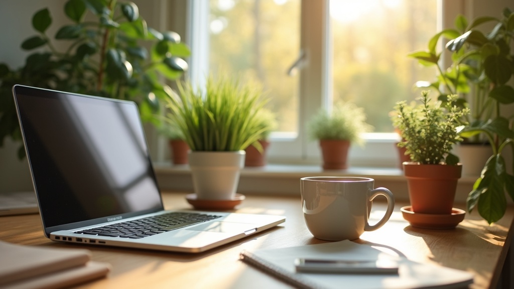 A cozy workspace with a laptop, coffee cup, and greenery in natural light